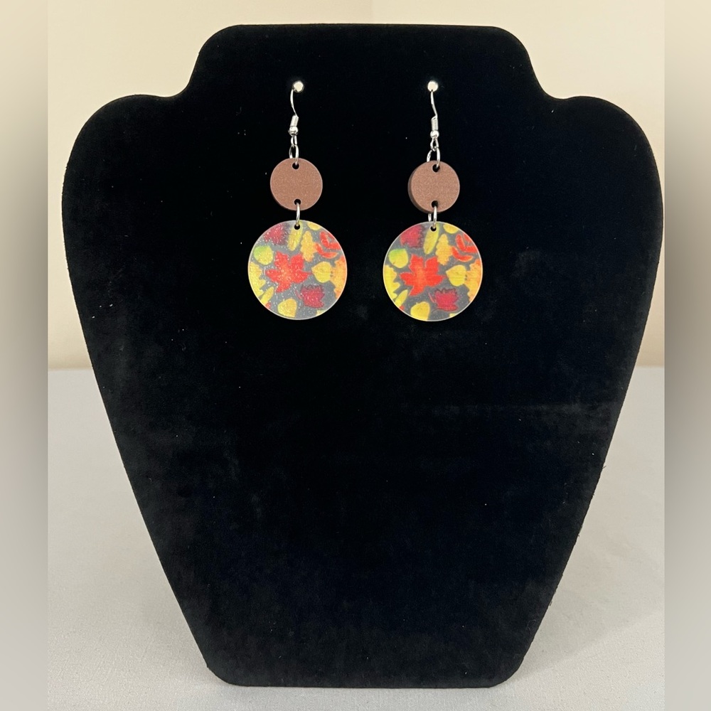 NEW Wood & Acrylic Leaf Circle Earrings